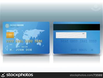 Illustration of a detailed credit card sample with both sides with an outlined world map background. Credit Card Sample