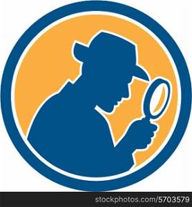 Illustration of a detective policeman police officer holding magnifying glass set inside circle on isolated background done in retro style.. Detective Holding Magnifying Glass Circle Retro
