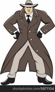 Illustration of a detective wearing trenchcoat and hat with hands akimbo viewed from front set on isolated white background done in cartoon style. . Detective Trenchcoat Hands Akimbo Cartoon