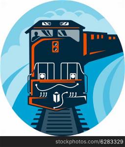 illustration of a Diesel Train traveling on tracks straight up. Diesel Train traveling on tracks