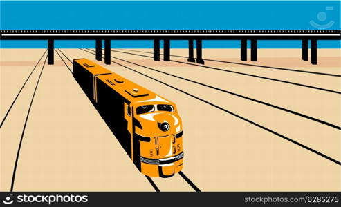 Illustration of a diesel train viewed from a high angle done in retro style with train tracks and viaduct bridge.
