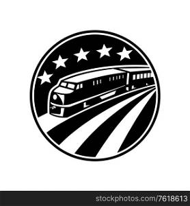 Illustration of a diesel train viewed from a high angle set inside circle with American stars and stripes flag in background done in retro style.. Diesel Locomotive Train With American USA Flag Stars Stripes Retro Black and White