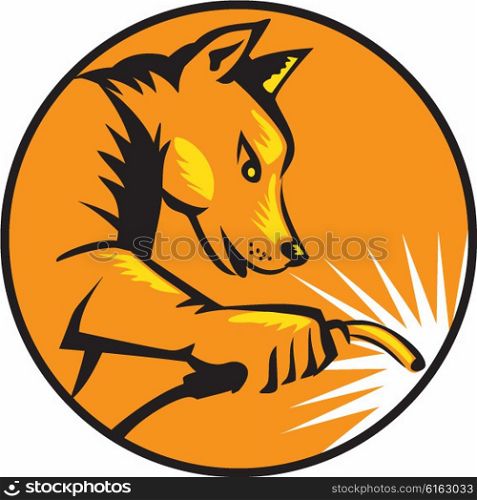 Illustration of a dingo dog welder with welding torch welding viewed from the side set inside circle done in retro style. . Dingo Dog Welding Circle Retro