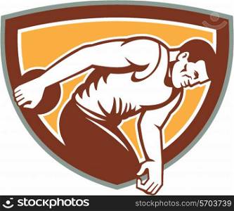 Illustration of a discus thrower set inside shield crest on isolated background done in retro style.