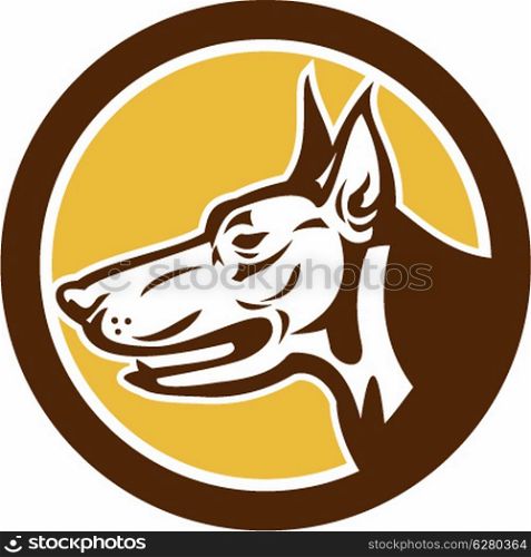 Illustration of a Doberman Pinscher guard dog head viewed from side set inside circle shape on isolated background done in retro style.. Doberman Pinscher Head Circle Retro