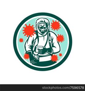 Illustration of a doctor or medical worker in protective or hazchem suit viewed from front with coronavirus or covid-19 floating set inside circle on isolated background done in retro style.. Medical Worker Coronavirus Circle Retro