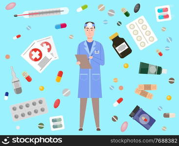 Illustration of a doctor prescribing pills, tablets, medicine. Prescription Medicines, preparations, thermometer. Medical professional or pharmacologist with forehead mirror. Health care stuff. Doctor or pharmacologist with forehead mirror on background with health care stuff. Pills and drugs