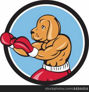 Illustration of a dog boxer in a fighting stance viewed from the side set inside circle on isolated background done in cartoon style. . Dog Boxer Fighting Stance Circle Cartoon