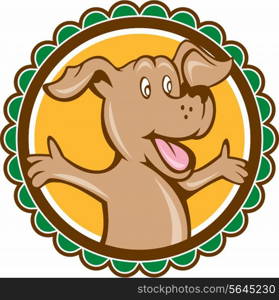 Illustration of a dog mascot with arms out open welcome welcoming looking to the side set inside rosette shape on isolated background done in cartoon style. . Dog Arms Out Rosette Cartoon