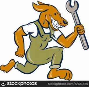 Illustration of a dog mechanic running holding spanner viewed from the side set on isolated white background done in cartoon style.. Dog Mechanic Running With Spanner Isolated Cartoon