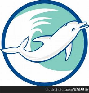 Illustration of a dolphin viewed from the side jumping with waves in the background set inside circle done in retro style. . Dolphin Jumping Waves Circle Retro