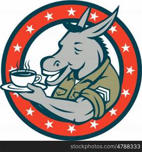 Illustration of a donkey army sergeant smiling holding cup and saucer drinking coffee viewed from the side set inside circle with stars done in cartoon style. . Army Sergeant Donkey Coffee Circle Cartoon