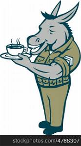 Illustration of a donkey army sergeant smiling standing holding cup and saucer drinking coffee viewed from the side set inside circle with stars done in cartoon style. . Donkey Sergeant Army Standing Drinking Coffee Cartoon