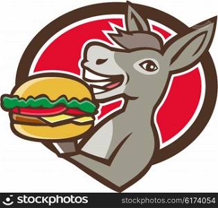 Illustration of a donkey, ass, mule or horse mascot serving up a hamburger burger sandwich viewed from the side set inside oval shape on isolated background done in retro style.