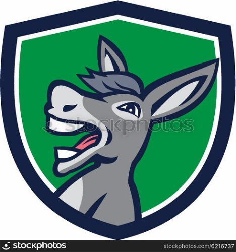 Illustration of a donkey head shouting viewed from the side set inside shield crest on isolated background done in retro style. . Donkey Head Shouting Crest Retro