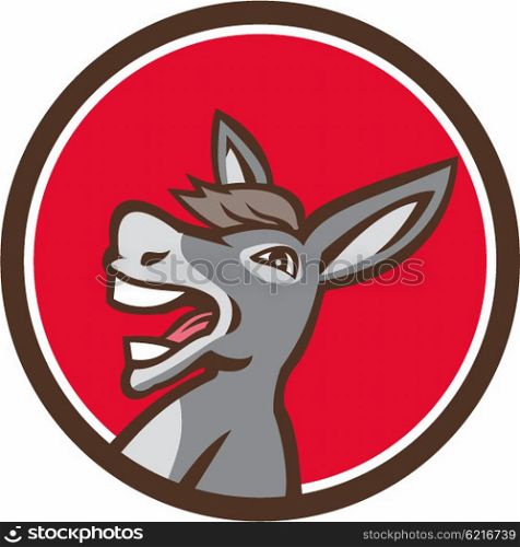 Illustration of a donkey head shouting viewed from the side set inside circle on isolated background done in retro style. . Donkey Shouting Circle Retro