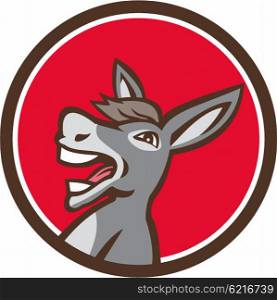 Illustration of a donkey head shouting viewed from the side set inside circle on isolated background done in retro style. . Donkey Shouting Circle Retro