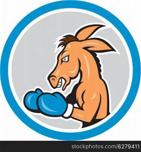 Illustration of a donkey mascot boxer boxing set inside a circle in isolated background done in cartoon style.. Donkey Boxing Side View Circle Cartoon