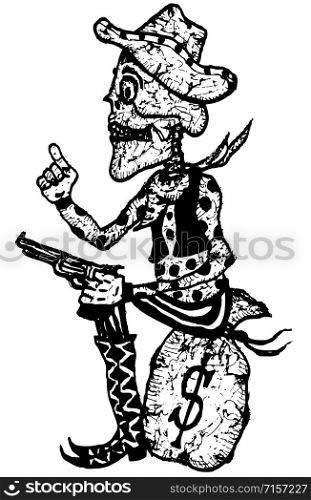 Illustration of a doodle hand drawn cartoon western dead skeleton sheriff character, holding gun and sitting on money bag. Cartoon Skeleton Sheriff
