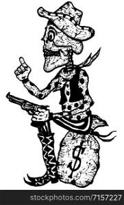 Illustration of a doodle hand drawn cartoon western dead skeleton sheriff character, holding gun and sitting on money bag. Cartoon Skeleton Sheriff