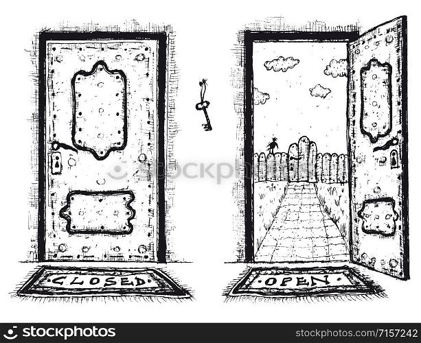 Illustration of a doodle hand drawn front door opened on a spring urban backyard and closed, symbolizing private and public frontier, paradise or heaven&rsquo;s gate, with mat to wipe foot. Sketched Door, Open And Closed
