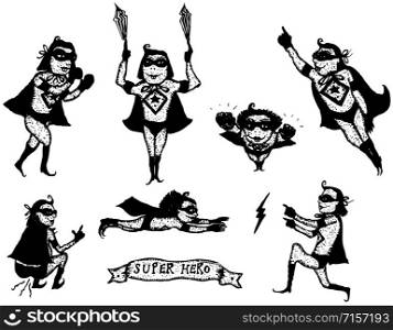 Illustration of a doodle hand drawn funny super hero woman character in various situations. Superhero Girl Character Set