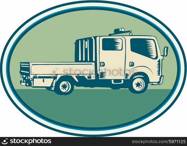 Illustration of a double cab pick-up truck viewed from side set inside oval shape on isolated background done in retro woodcut style. . Double Cab Pick-up Truck Oval Woodcut