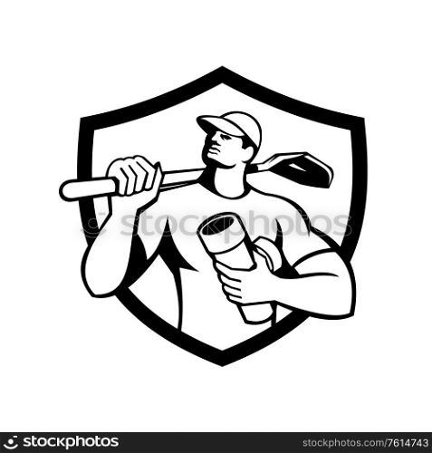 Illustration of a drainlayer builder construction worker wearing hat holding pipe and carrying shovel on shoulder looking up to the side set inside shield crest on isolated background done in retro Black and White style. . Drainlayer Holding Pipe Shovel Shield Retro Black and White