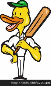 Illustration of a duck cricket player batsman with bat batting facing front on isolated white background done in cartoon style.. Duck Cricket Player Batsman Standing
