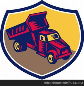 Illustration of a dump truck viewed from high angle set inside shield crest done in retro woodcut style. . Dump Truck Shield Woodcut