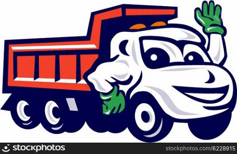 Illustration of a dump truck waving set on isolated white background done in cartoon style. . Dump Truck Waving Cartoon