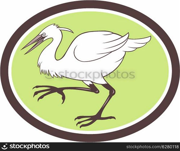 Illustration of a egret heron crane walking side set inside oval shape on isolated white background done in cartoon style.. Egret Heron Crane Walking Cartoon