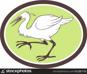 Illustration of a egret heron crane walking side set inside oval shape on isolated white background done in cartoon style.. Egret Heron Crane Walking Cartoon
