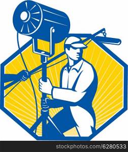 Illustration of a electrical lighting technician crew with fresnel spotlight and sound boom microphone set inside hexagon done in retro style.