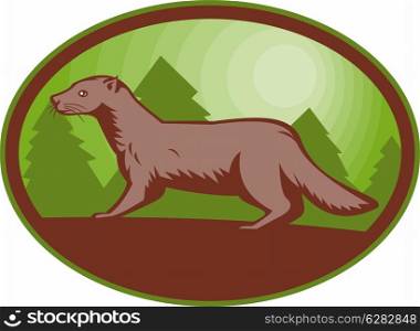illustration of a european mink side view set inside an oval.. european mink side view
