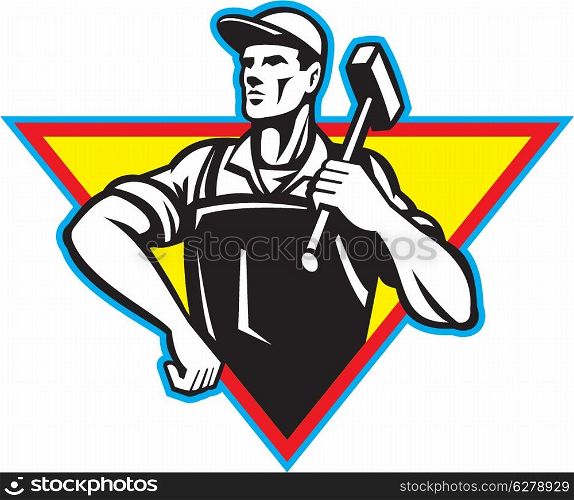Illustration of a factory worker laborer blacksmith carrying hammer hand on hip viewed from front set inside triangle done in retro style.. Worker With Hammer Retro