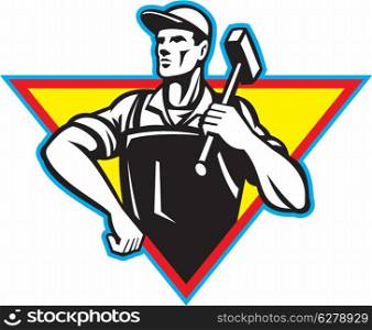 Illustration of a factory worker laborer blacksmith carrying hammer hand on hip viewed from front set inside triangle done in retro style.. Worker With Hammer Retro