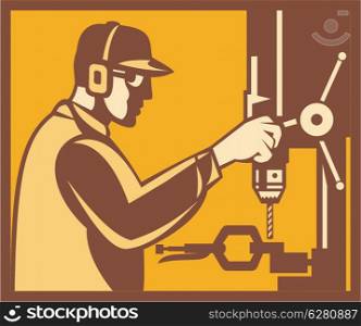 Illustration of a factory worker operator operating working with drill press viewed from side done in retro woodcut style set inside square.