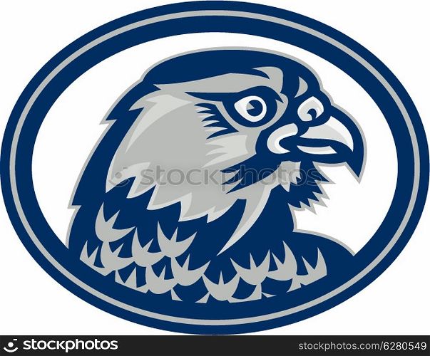 Illustration of a falcon hawk eagle bird head looking to side set inside oval on isolated background done in retro style.&#xA;