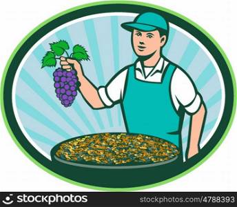 Illustration of a farm boy wearing hat holding grapes with bowl of raisins set inside oval shape with sunburst in the background done in retro style. . Farm Boy Holding Grapes Bowl Raisins Oval Retro