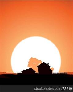 Illustration of a farm home silhouette in a sunset sky