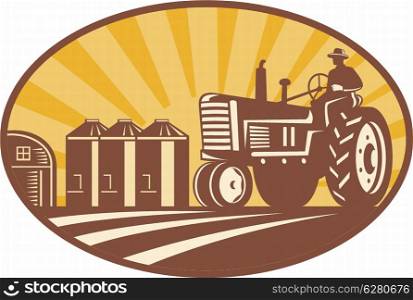 Illustration of a farmer driving a vintage farm tractor with barn and silos in background done in retro woodcut style.. Farmer Driving Vintage Tractor Retro Woodcut