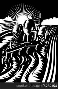 illustration of a farmer driving a vintage tractor plowing the farm field done in retro woodcut style.. farmer driving a vintage tractor plowing
