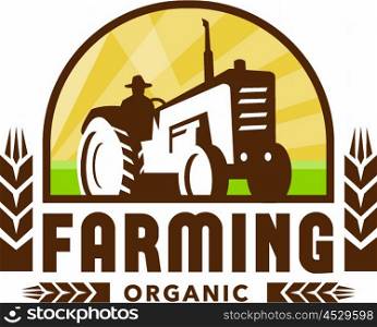 Illustration of a farmer driving vintage tractor viewed from low angle set inside crest with wheat and the words text Farming Organic done in retro style. . Tractor Wheat Organic Farming Crest Retro