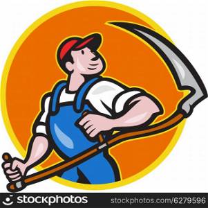 Illustration of a farmer farm worker holding scythe facing front inside circle on isolated white background done in cartoon style. Farmer Worker Holding Scythe Circle Cartoon