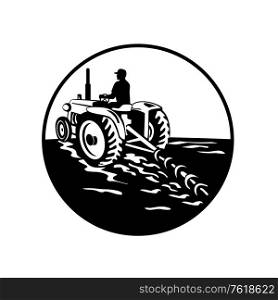 Illustration of a farmer gardener driving a vintage tractor plowing mowing viewed from rear set inside circle on isolated background done in retro black and white style. . Farmer Driving a Vintage Tractor Viewed From Rear Circle Retro Black and White