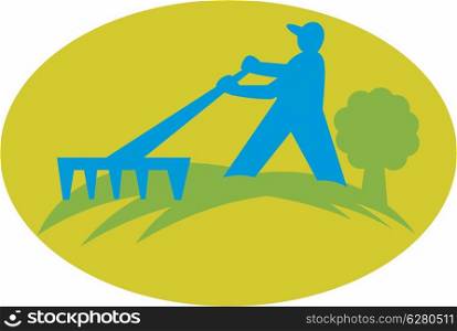 Illustration of a farmer gardener landscaper worker working with rake set inside ellipse.. Gardener Landscaper Farmer With Rake