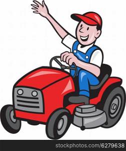illustration of a farmer gardener riding ride on mower tractor waving hello on isolated background done in cartoon style. Farmer Driving Ride On Mower Tractor