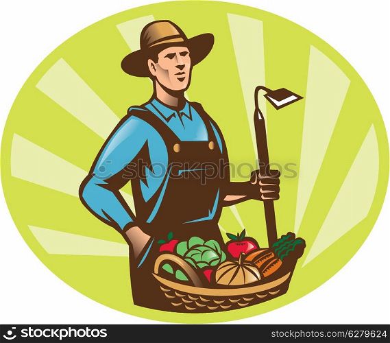 Illustration of a farmer holding a garden hoe wearing hat with basket full of vegetable fruit crop harvest done in retro woodcut style.. Farmer With Garden Hoe And Basket Crop Harvest
