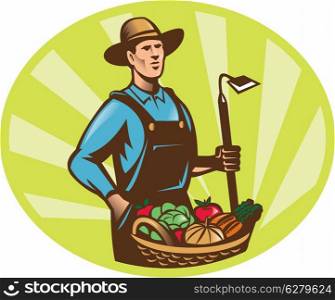 Illustration of a farmer holding a garden hoe wearing hat with basket full of vegetable fruit crop harvest done in retro woodcut style.. Farmer With Garden Hoe And Basket Crop Harvest